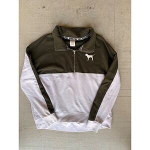 PINK Victoria's Secret Pullover Sweatshirt Half Zip Olive Green White M